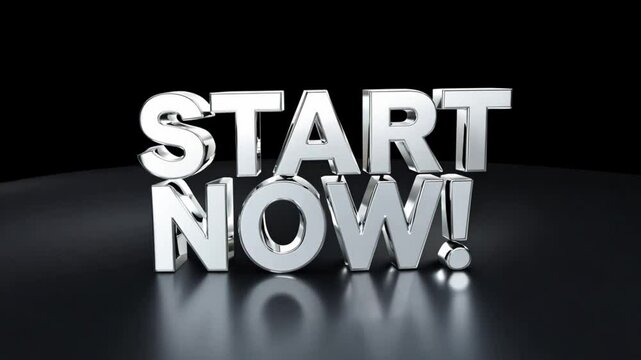 Start now text in 3d white font on black floor reflection background used as digital call to action or tech themed prompt visuals