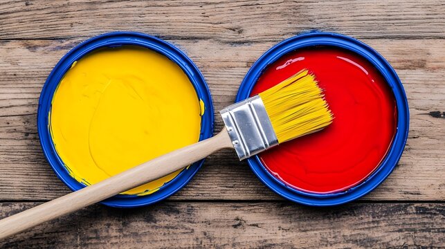 Overhead View of Yellow and Red Paint Cans with Paintbrush on Wooden Background