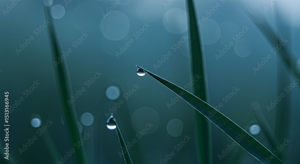 Poster a close up of a grassy field with raindrops on the grass