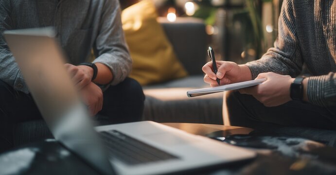 Collaborative session in a relaxed setting with laptop, notebook and pen, fostering creativity and effective teamwork.