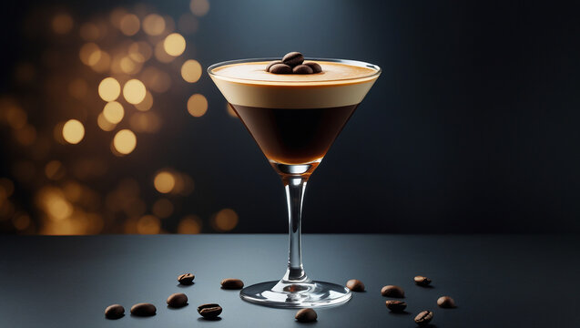 Dark Espresso Martini with smooth foam and dramatic lighting on matte black. Ideal for bar promotions, drink packaging, or upscale beverage campaigns.