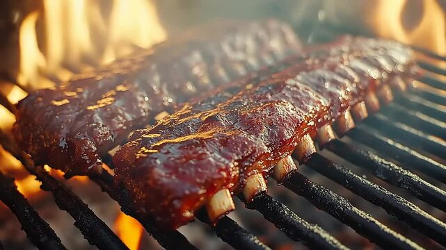Delicious Baby Back Ribs Grilling on a BBQ with Flames Slow Motion Close Up