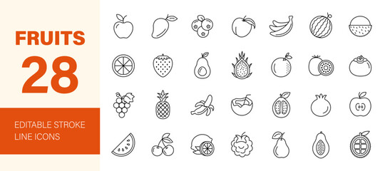 Fruits icon set. Containing apple, banana, orange, grape, strawberry, watermelon, coconut, avocado, lemon, pear, pineapple, kiwi, mango and more. Editable line icons. Vector illustration.