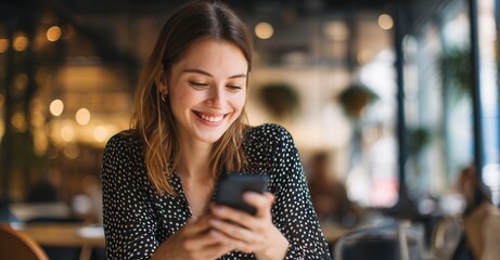 Smiling woman using smartphone in cafe, connecting with others and staying informed, enhancing social and personal relationships.