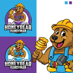 Handyman Services Emblem  mascot logo. Home service vector logo template. Honey Bear Handyman Mascot Character