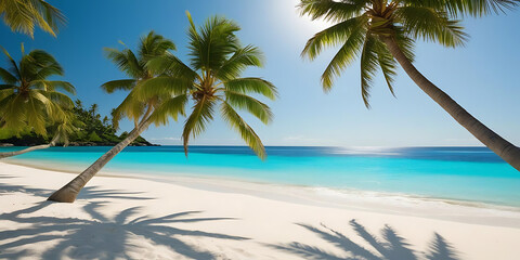 Fototapeta premium Serene Beach with Palm Trees, White Sand, and Turquoise Waters Under Bright Blue Sky