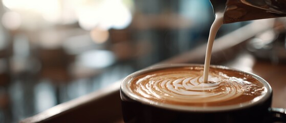 Obraz premium Closeup of barista pouring milk into coffee cup, creating latte art with creamy texture in a cafe Concept of coffee culture, morning beverage, and artistic drink