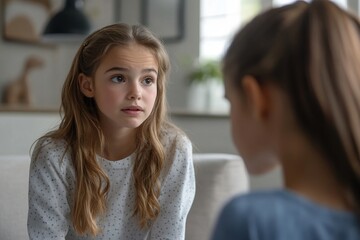 Young woman child psychologist chatting with preteen girl, distressed kid preschooler visiting psychotherapist at clinic, feeling annoyed and reserved