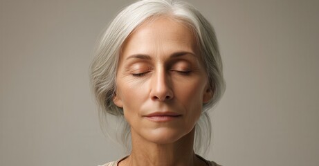 Fototapeta premium Serene woman with silver hair, eyes closed, in a tranquil pose. Expressing calm and peacefulness through mindfulness and meditation.
