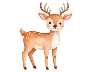 Obraz premium Cute cartoon watercolor deer illustration. Cartoon animal clipart illustration.