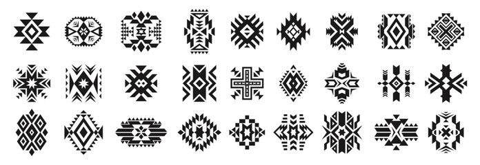 Aztec tribal ornament. Geometric ethnic motif elements of native american culture, ancient Peru tribal traditional decorative art emblems. Vector set