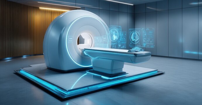 Advanced MRI scanner technology for medical imaging and diagnostics, with digital interfaces showing anatomical scans.