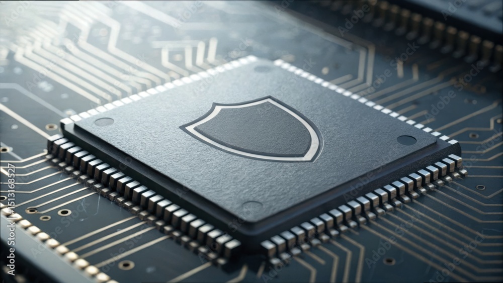 Poster detailed close-up of a chip with shield on a circuit board