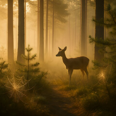 A tranquil pine forest at dawn with golden mist, soft morning light, dew-covered floor, spider webs, and a partially hidden doe. Photorealistic, peaceful, with detailed textures and gentle shadows.
