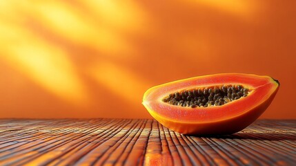 Vibrant Slice of Tropical Delight: A Papaya Still Life on Textured Wood Surface with an Orange Background and Soft Lighting