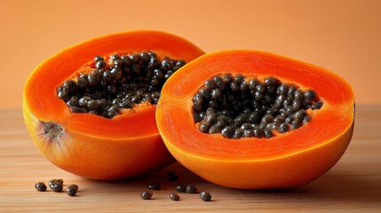 Vibrant Papaya Slices Showcasing Juicy Interior and Black Seeds, A Healthy Tropical Delight