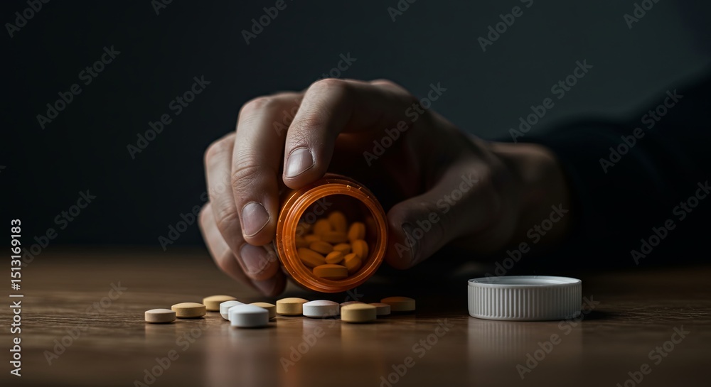 Poster a person is holding a bottle of pills and a container of pills on a table