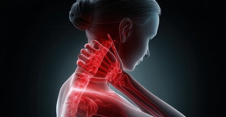 Woman experiencing severe neck pain and discomfort, highlighted by a red overlay on the skeletal structure of the neck and arm.