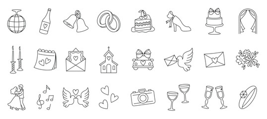 wedding doodle icons invitation card symbols outline marriage pictograms bride groom love heart engagements vector