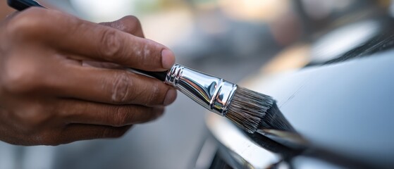 Closeup of African American mans hand carefully applying touchup paint with a brush to a cars surface for auto body repair and maintenance