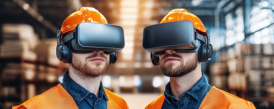 Two construction workers wearing VR headsets and safety gear in an industrial warehouse environment.