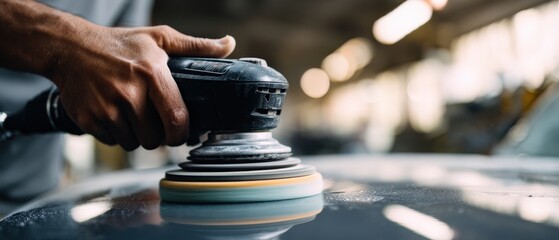 Closeup of African American man using orbital sander to polish car in auto repair shop, focusing on car detailing and paint correction