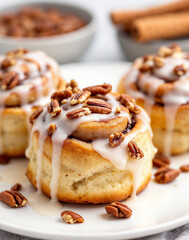 the cinnamon rolls on a white plate, with a bowl of pecans and cinnamon sticks in the background