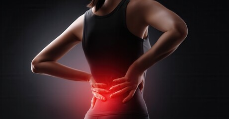 Naklejka premium Woman experiences lower back pain, holding her back for relief. Bright red highlights the area of discomfort against a dark backdrop.