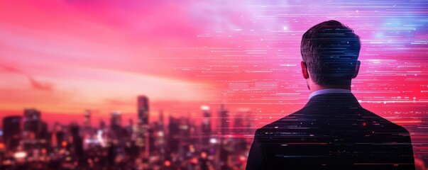 A businessman in a suit looks over a futuristic city skyline at sunset, with digital lines suggesting technology and innovation.
