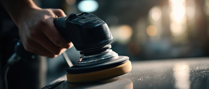 Closeup of adult man using electric car polisher on vehicle surface in garage for auto detailing and paint correction Concept of car care, maintenance, and restoration