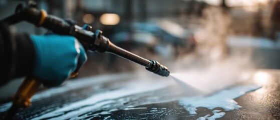 Closeup of man using high pressure washer to clean car, wearing blue gloves Concept of car detailing, cleaning service, and automotive maintenance