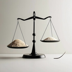 Classic balance scales display contrasting weights of rice grains in a minimalistic setting