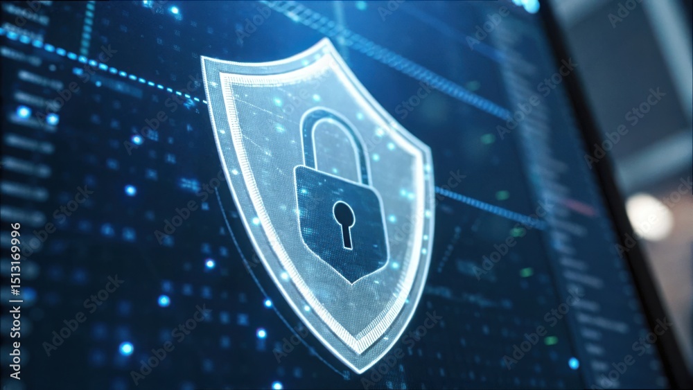 Poster Glowing Digital Shield Icon on Screen Representing Security Concept