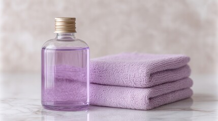 A small bottle of purple liquid stands beside two neatly folded lavender towels on a marble surface.