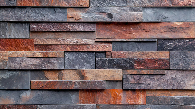 Stacked slate ledgestone wall with varying shades of gray, brown, and rust, creating a natural, textured, and rustic architectural background for design