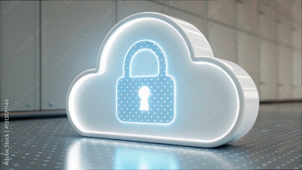 Poster Secure Cloud Storage Concept with Glowing Lock Symbol and Bubble Effect