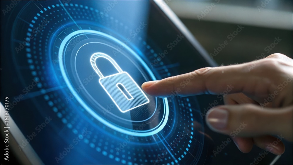 Poster Touchscreen Lock Icon with Finger Interaction on Digital Display