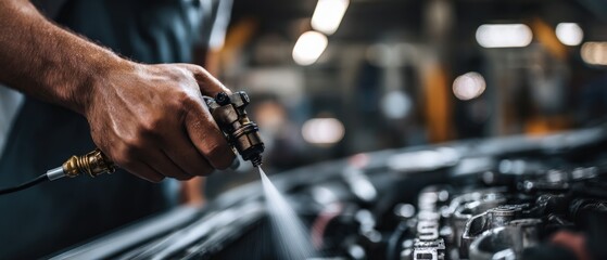 Closeup of African American adult man using spray gun to clean car engine in auto repair shop Concept of car maintenance, service, and automotive repair