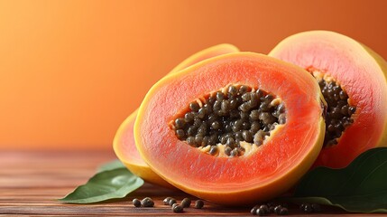 Vibrant Papaya Halves Showcase Tropical Delight and Abundant Seeds on a Rustic Wooden Surface, Evoking a Sense of Health and Freshness
