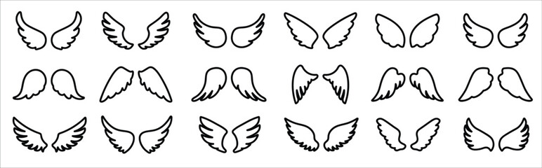 Wings icons. Set of black wings icons. Bird wings, angel wings elements. Wings Collection in different shape. Vector illustration