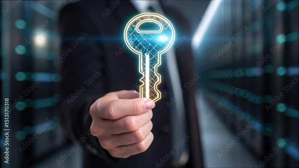 Poster Digital Key in Hand Symbolizing Data Access and Security Concept