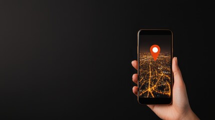 Hand holding smartphone with GPS location pin on city map at night, symbolizing navigation and digital mapping.