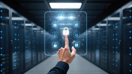 Fototapeta premium Interaction with Floating Security Screen in High-Tech Data Center