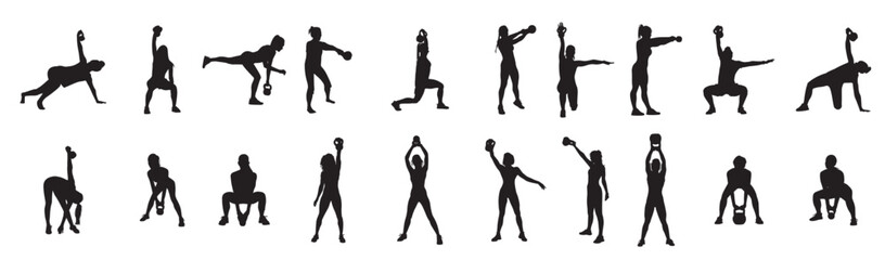 woman kettlebell vector silhouettes.