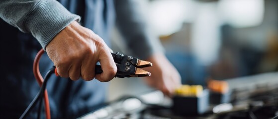 Man holding jumper cables to start car battery in garage Automotive mechanic using battery jumper for vehicle maintenance and repair