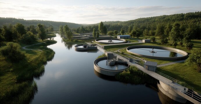 Aerial view of a water treatment plant nestled amidst lush greenery and a serene river reflecting the sky. - Powered by Adobe