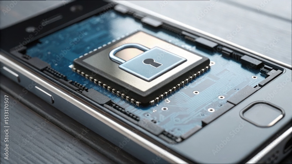 Poster Close-Up of Smartphone Chip with Security Lock Inside Open Device