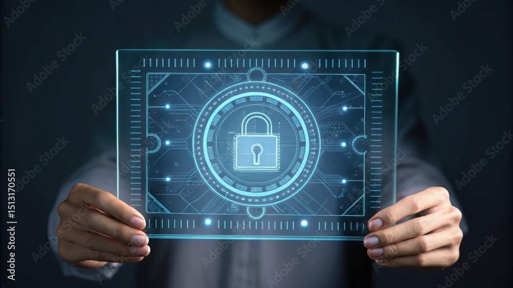 Poster Holographic Data Screen with Lock Symbol and Digital Patterns Display