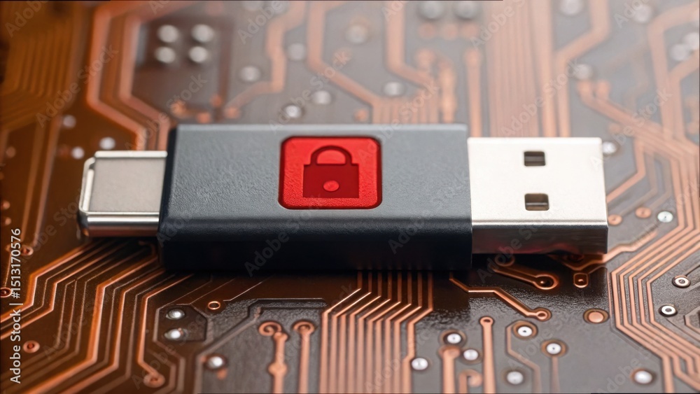 Poster Secure USB Drive with Privacy Symbol on Circuit Board Background