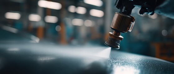 Automated spray painting process in a manufacturing facility, applying protective coating with precision spray gun for industrial production and automotive industry